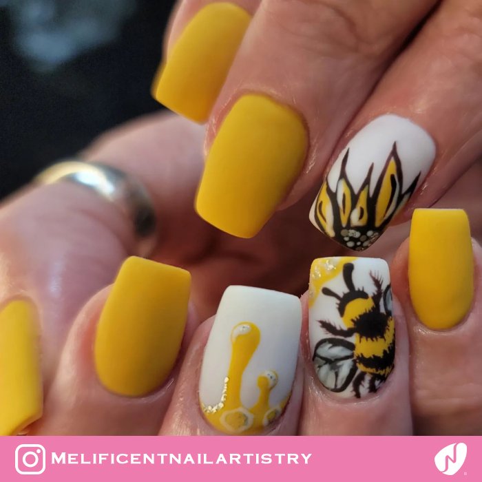 Bee and Sunflower Yellow Nails